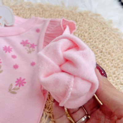 Conj. Casaco Floral de Moletom com Babadinhos e Calça Ribana Flare - Rosa